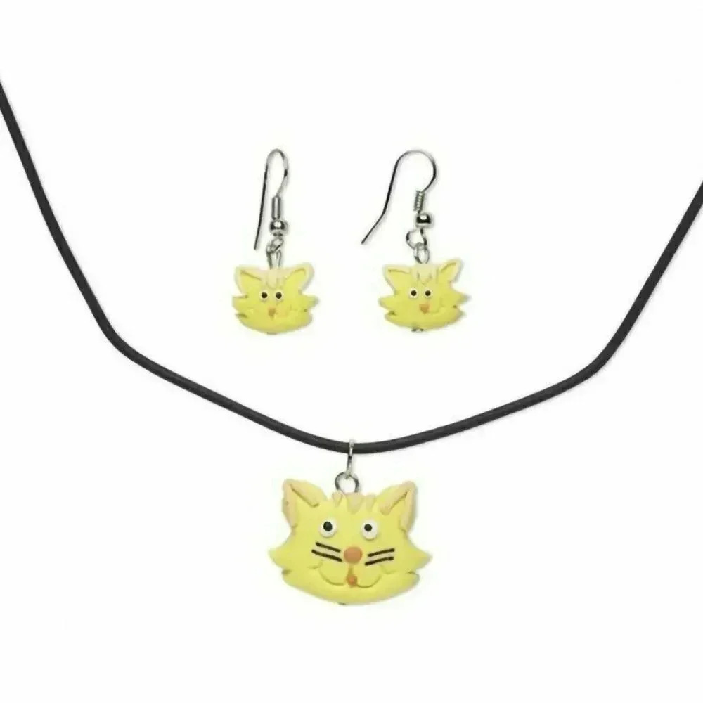 Handmade Yellow Kitten Cats Fimo Polymer Clay Necklace Earrings Jewelry Set